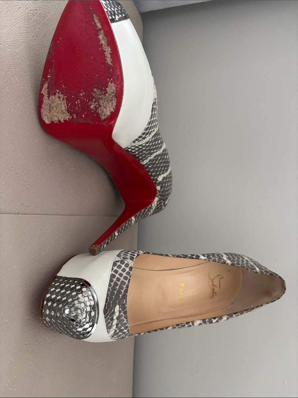 Christian Louboutin White and Gray Snakeskin Cap-Toe Pumps with Metallic Accent - Picture 6 of 8